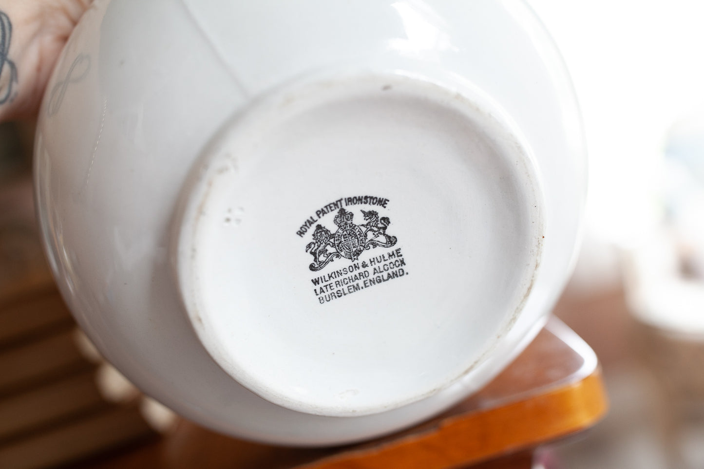 Ironstone Jug-Late 19th Century English Ironstone Jug or Wash Pitcher With Blue Stripe- Wilkinson and Hume in Burslem, England