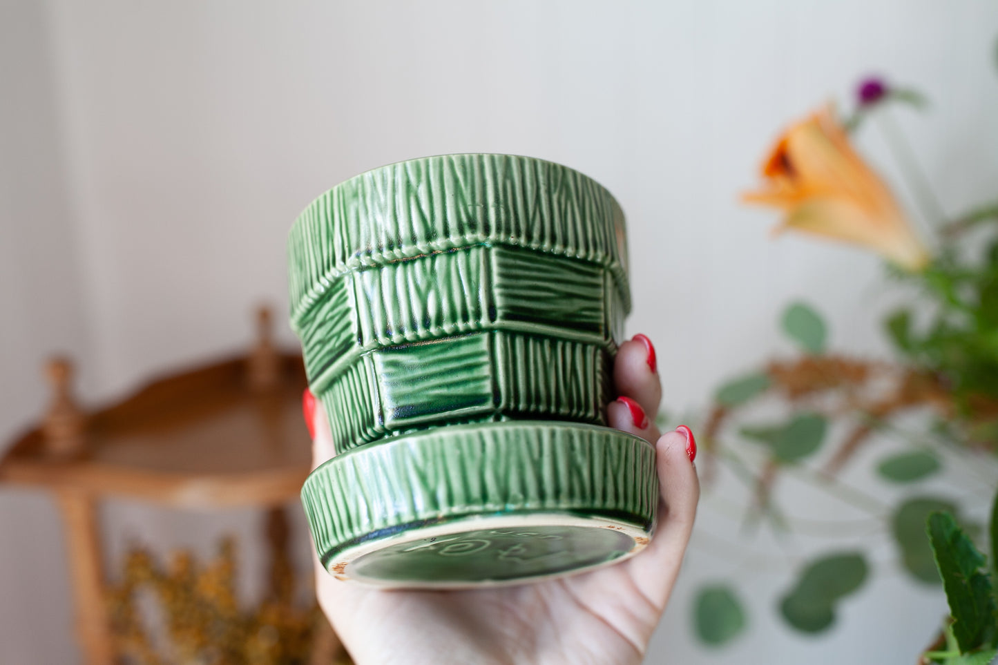 Vintage McCoy Basket Weave Pottery Planter -Green Planter