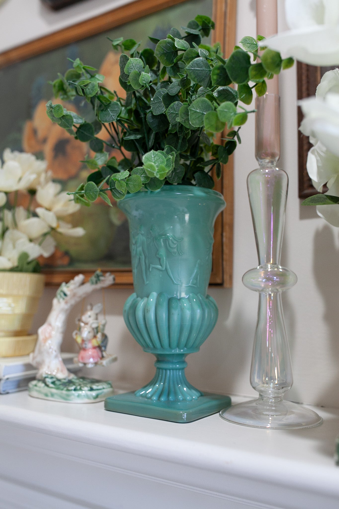 Antique Glass Urn Classical Figures Nymphs and Dogs