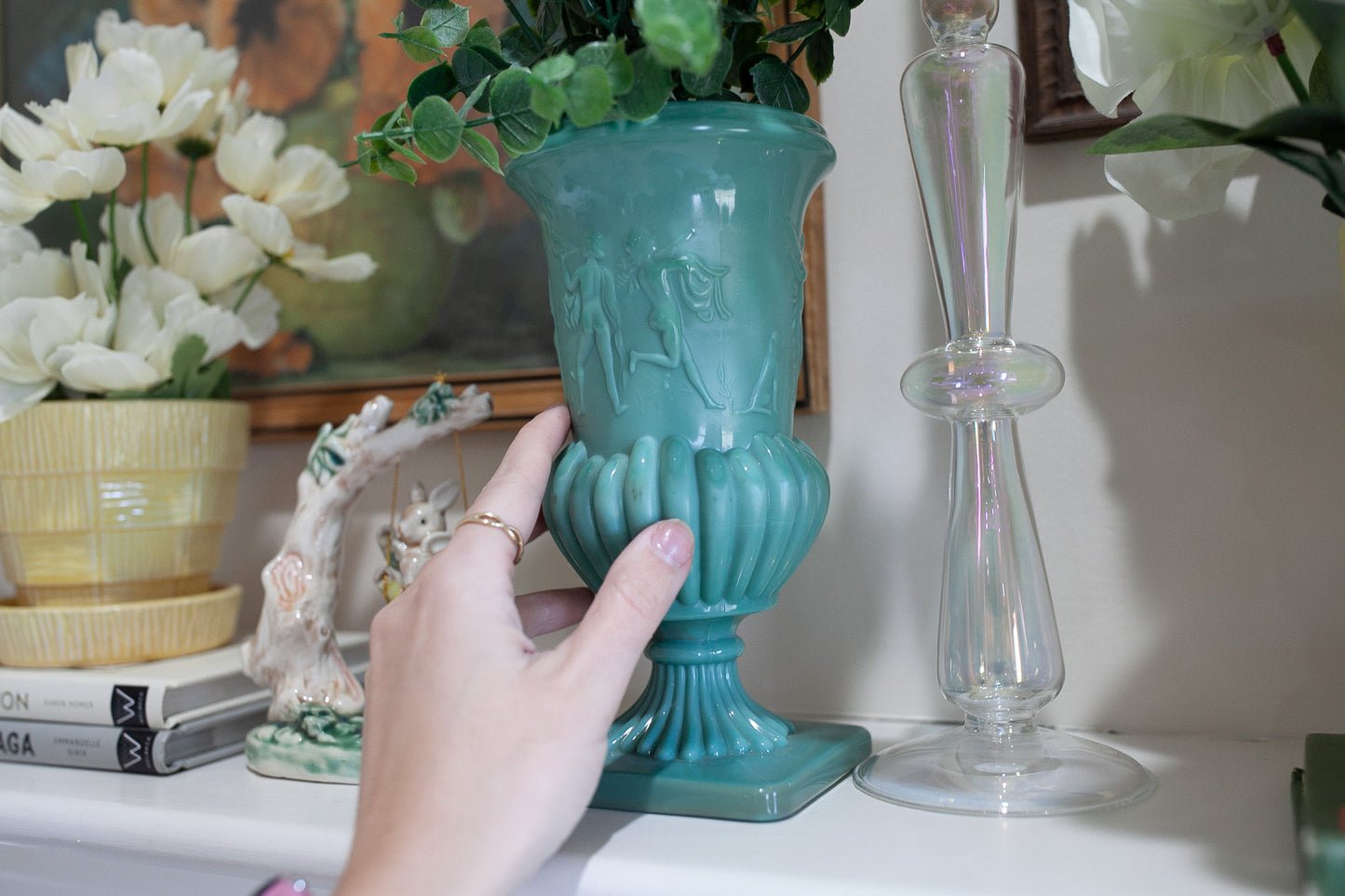 Antique Glass Urn Classical Figures Nymphs and Dogs