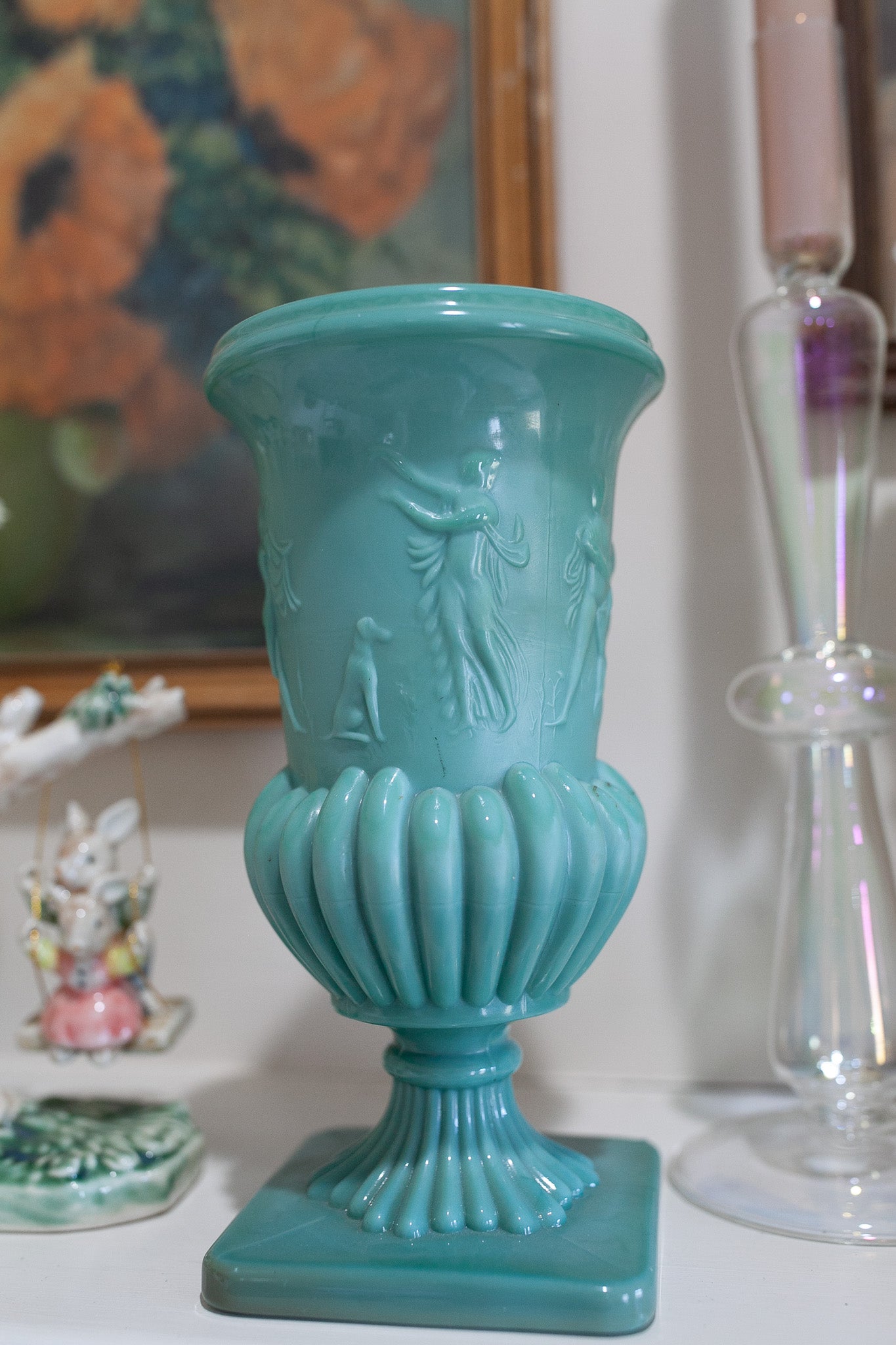 Antique Glass Urn Classical Figures Nymphs and Dogs