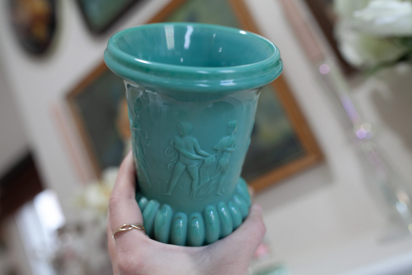 Antique Glass Urn Classical Figures Nymphs and Dogs