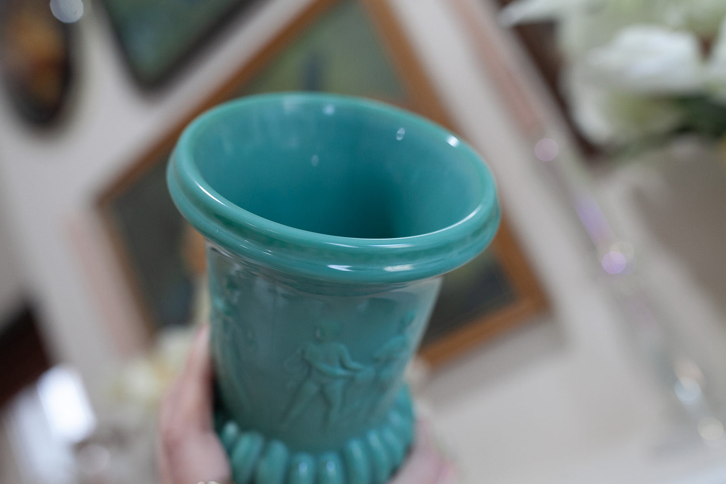 Antique Glass Urn Classical Figures Nymphs and Dogs