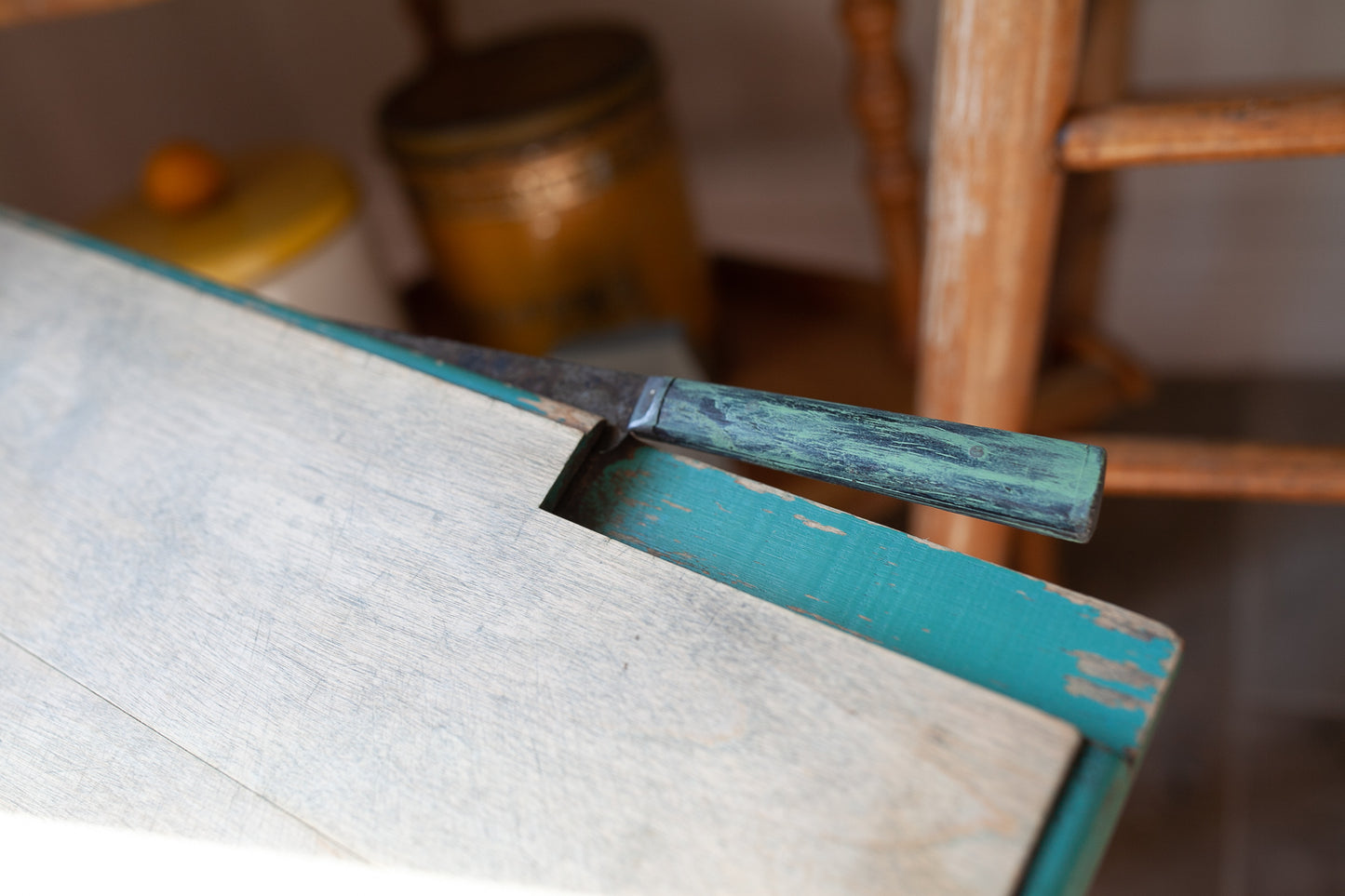 Vintage Wooden Cutting Board with Knife