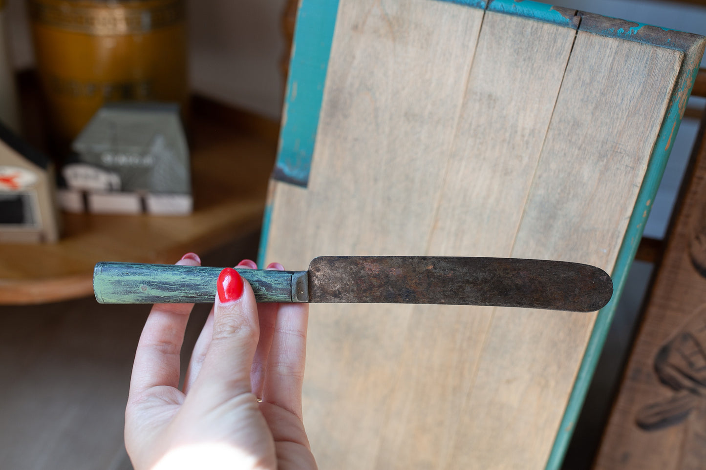 Vintage Wooden Cutting Board with Knife