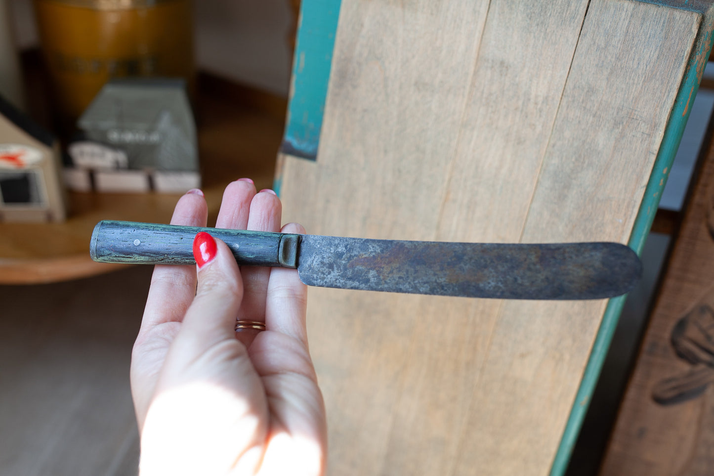 Vintage Wooden Cutting Board with Knife