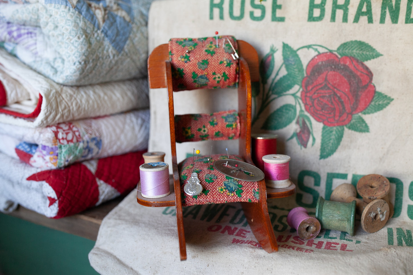 Vintage Pin Cushion and Sewing Caddy- Rocking Chair Spool Holder