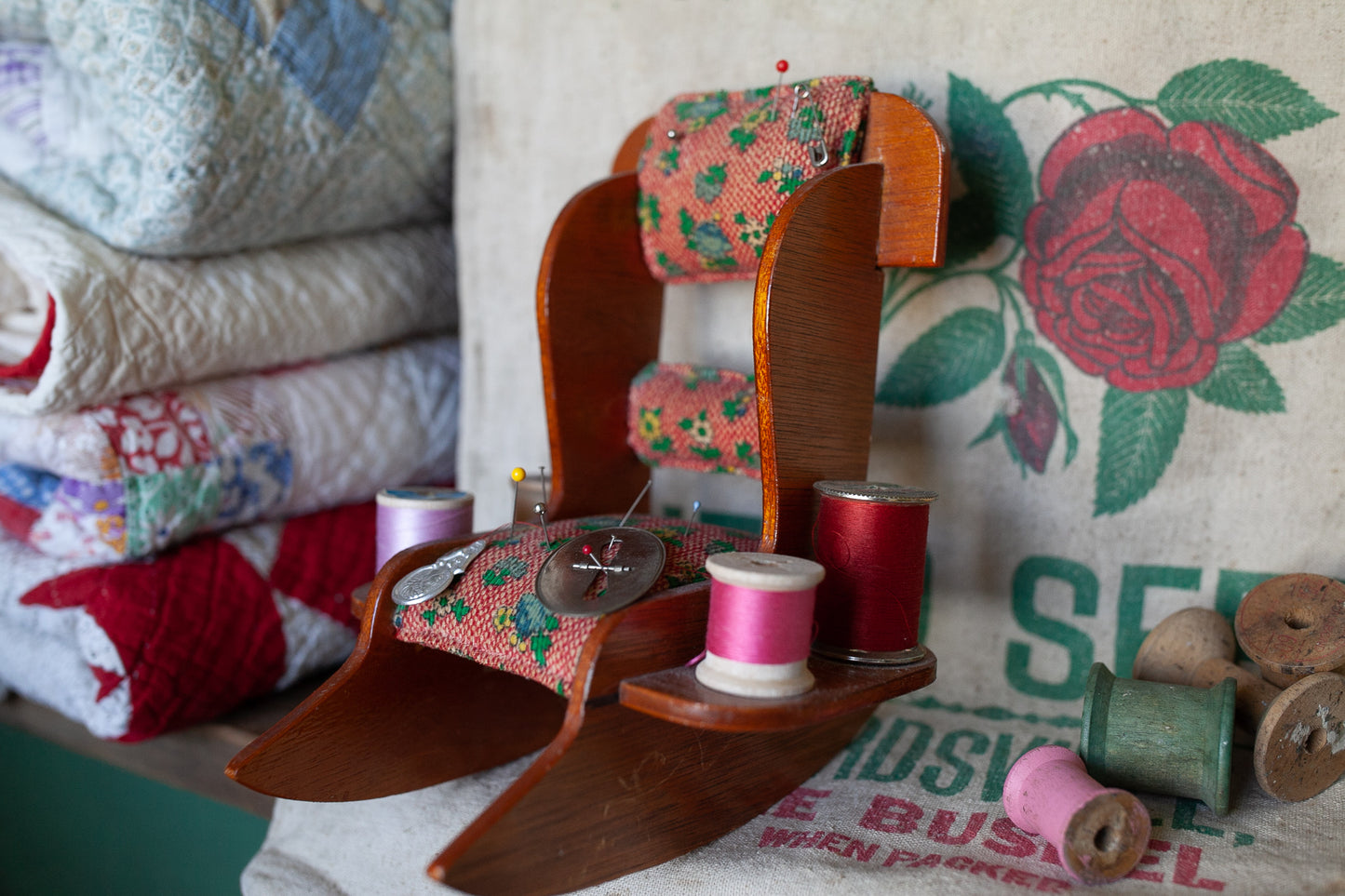 Vintage Pin Cushion and Sewing Caddy- Rocking Chair Spool Holder
