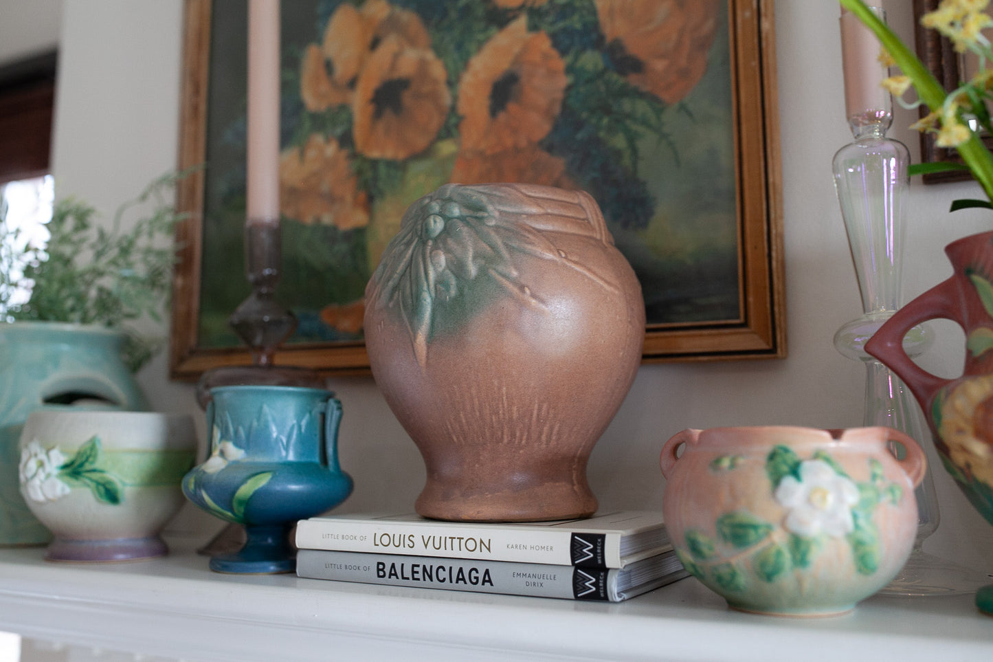 Vintage McCoy Pottery Vase - Leaves and Berries Matte Brown Ceramic Vase