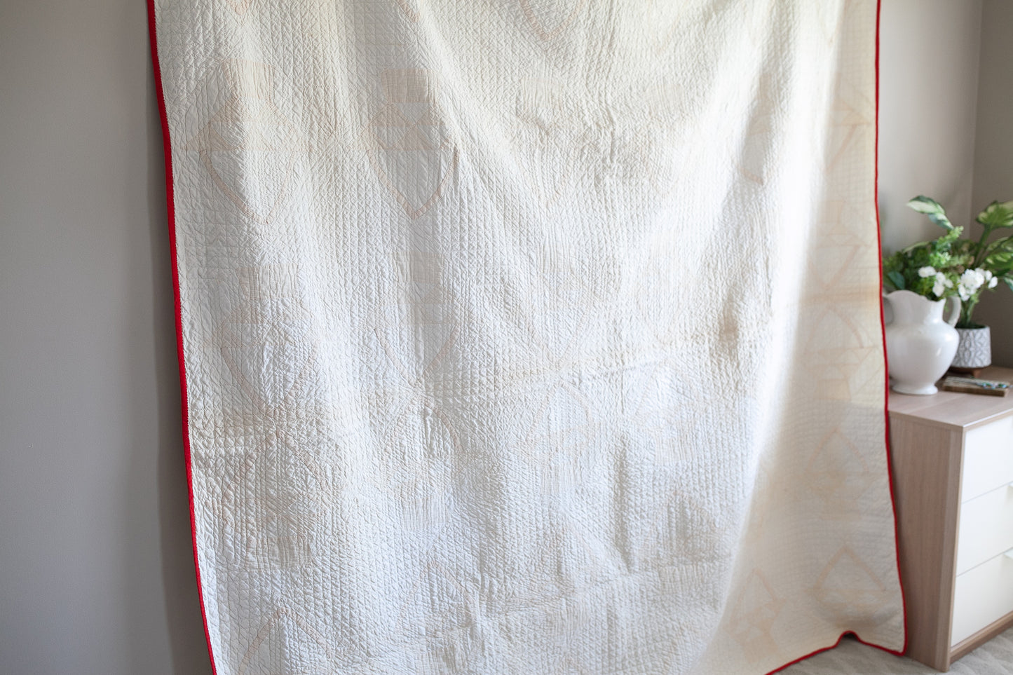 Vintage Basket Quilt - Cream and Red Quilt- Neutral Quilt