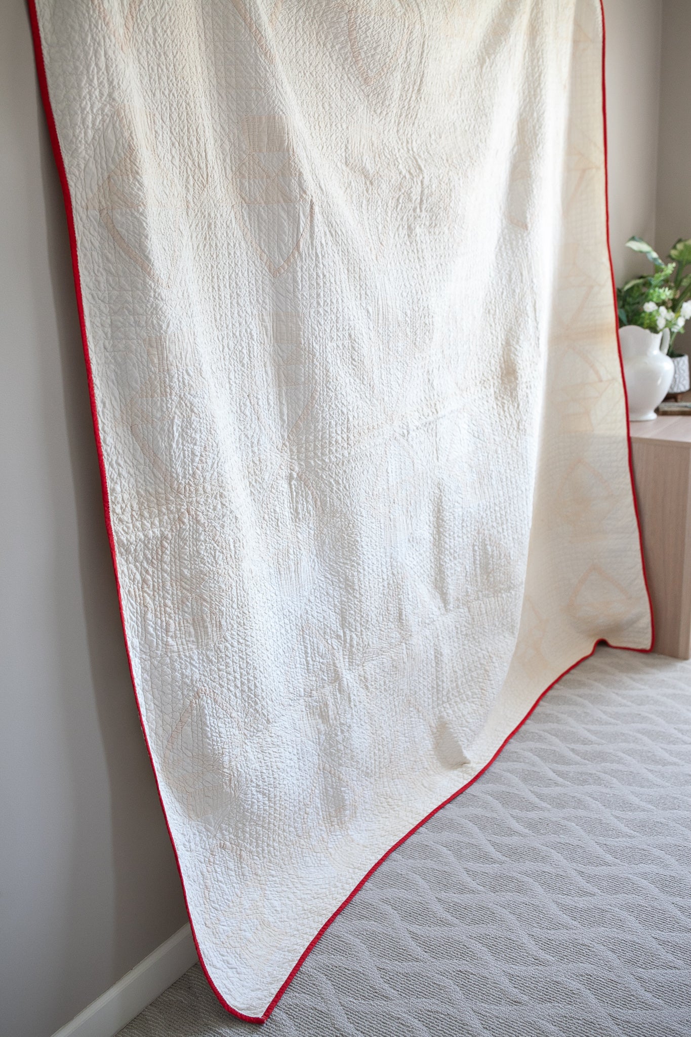 Vintage Basket Quilt - Cream and Red Quilt- Neutral Quilt