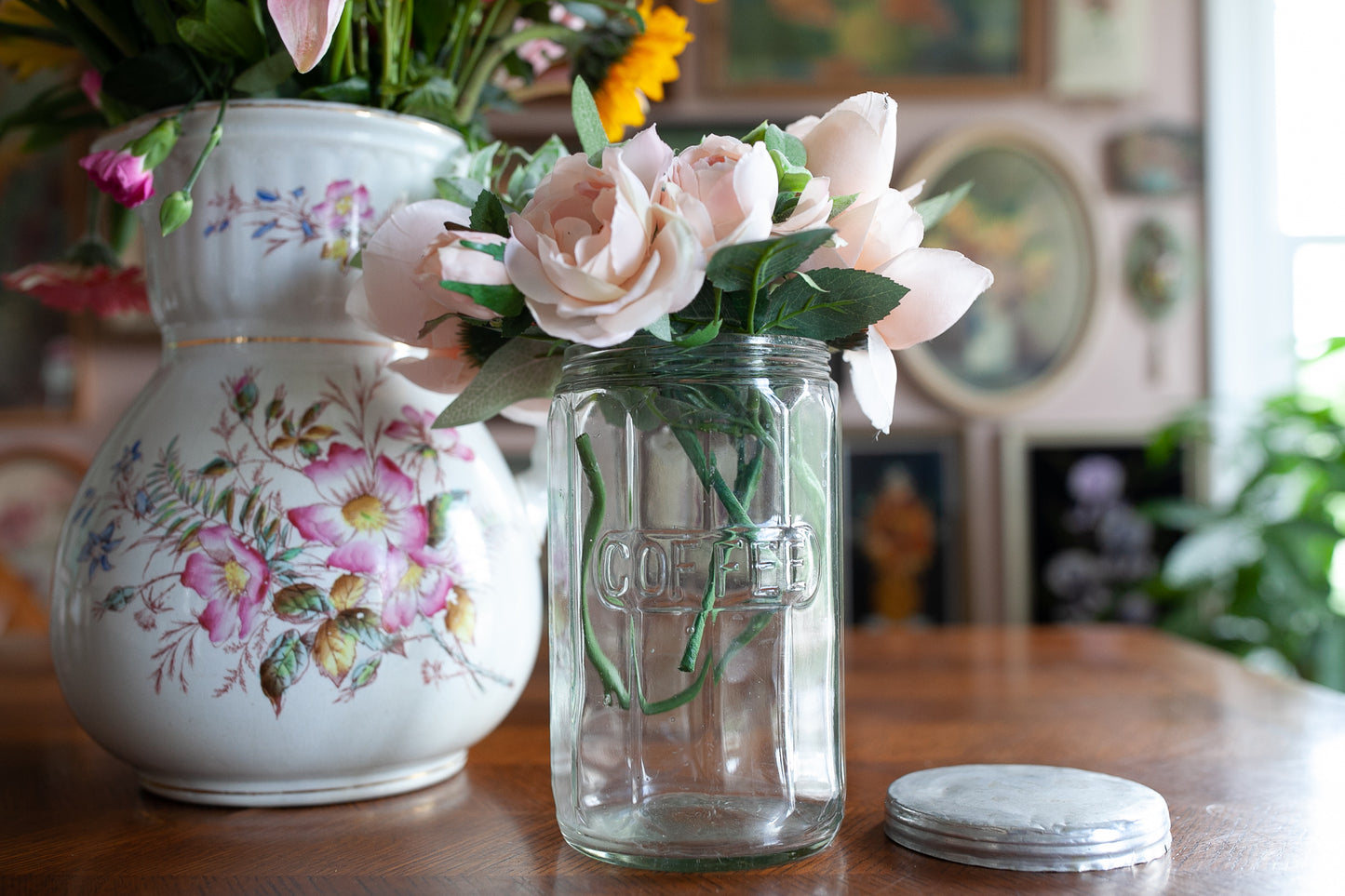 Hoosier Coffee Glass Jar - Antique 12 Panel Hoosier Jar - Glass Coffee Jar with Lid - 6 3/4"