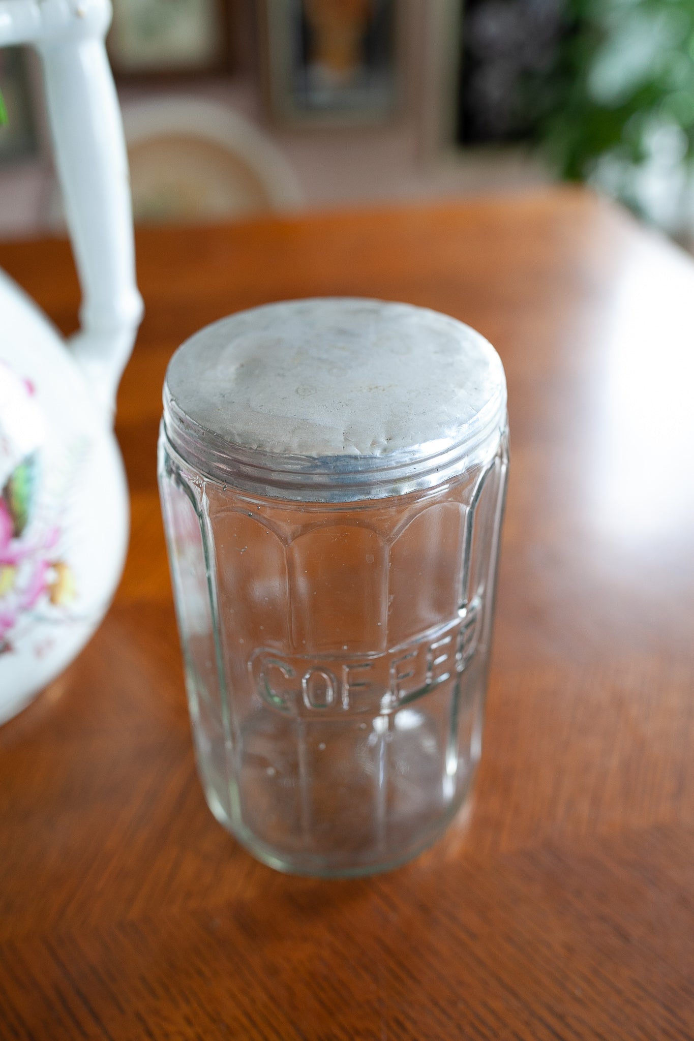 Hoosier Coffee Glass Jar - Antique 12 Panel Hoosier Jar - Glass Coffee Jar with Lid - 6 3/4"