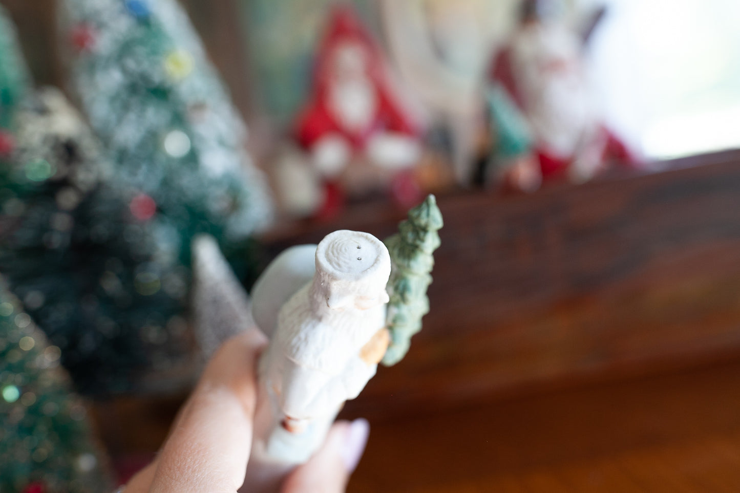 Vintage Santa -Cream Colored Coat Holding A Tree