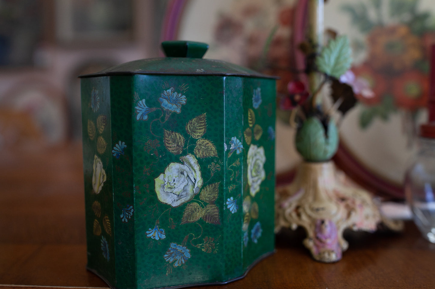 Vintage Green Tin- floral tin