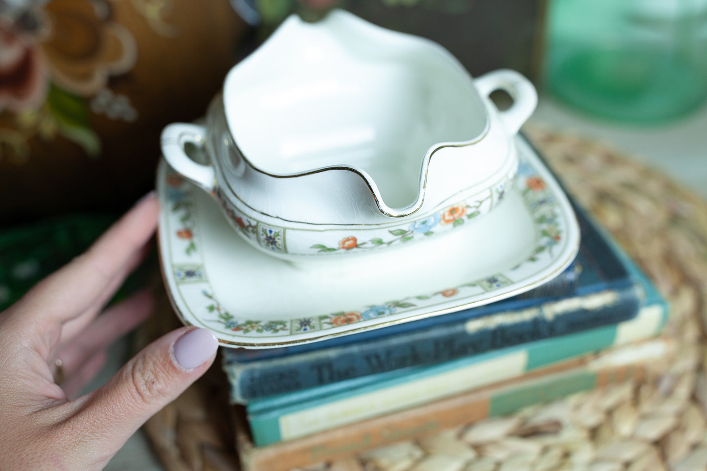 Vintage Gravy Vessel - Floral crooksville china and co- Double Spout Gravy Boat
