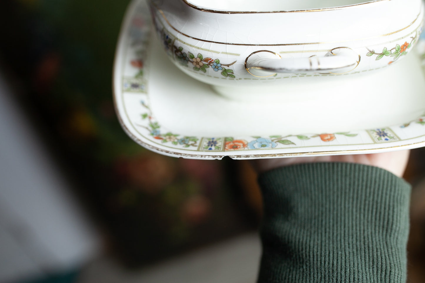 Vintage Gravy Vessel - Floral crooksville china and co- Double Spout Gravy Boat