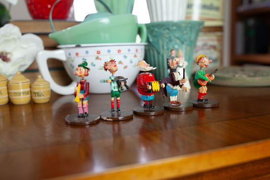 Vintage Wooden Bobble Head Nodder Spring Neck Musicians, Set of 5, made in Japan