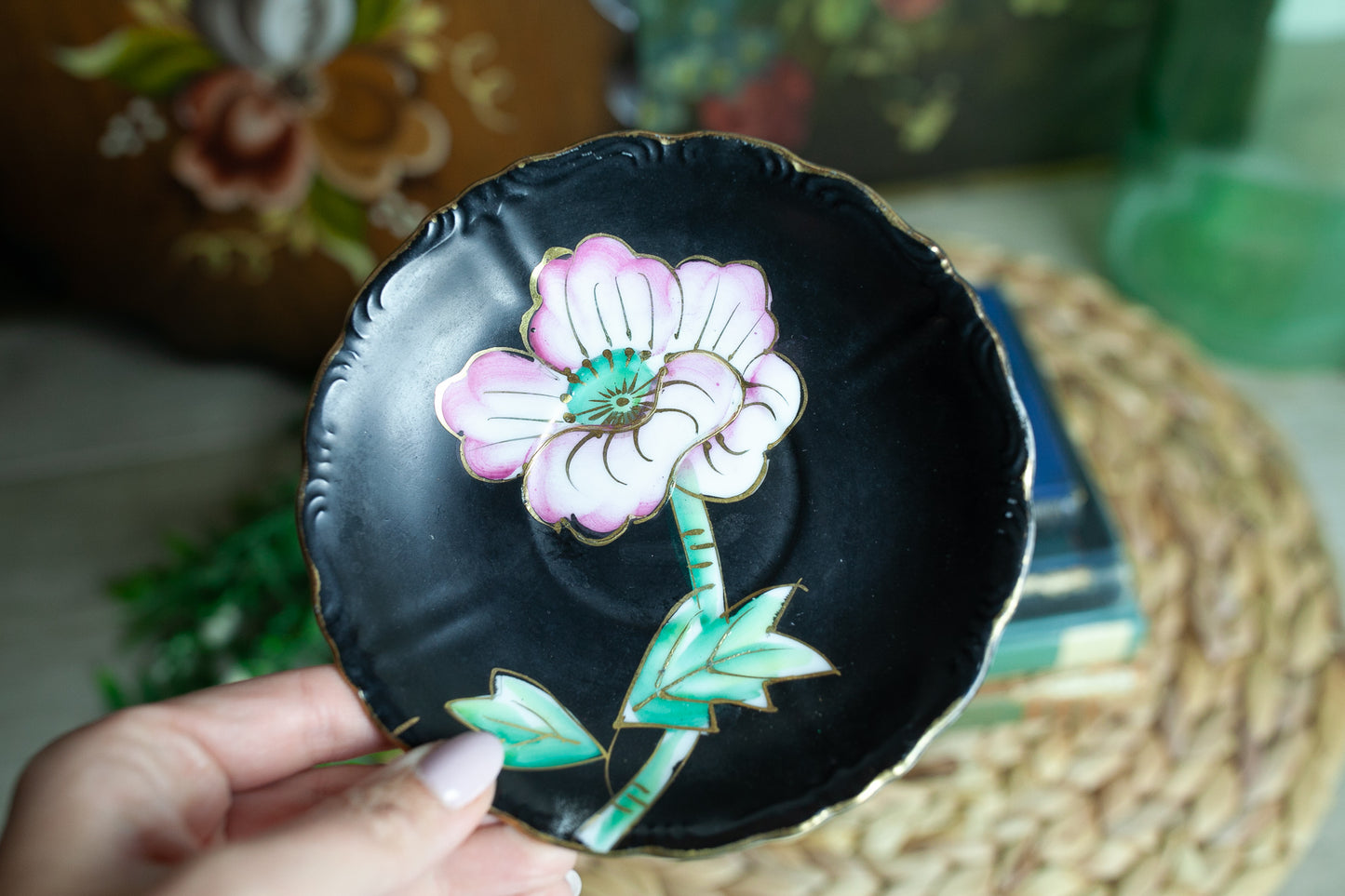 Vintage Teacup and Saucer - Footed Teacup- Black and Pink