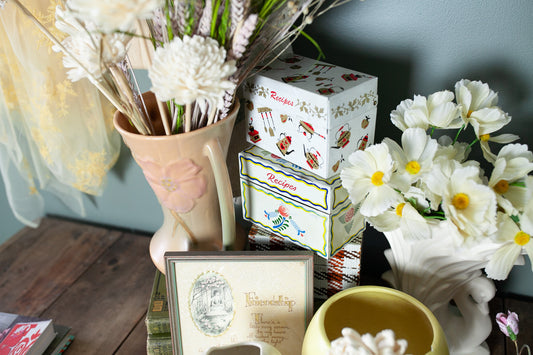 Vintage Recipe Box-Vintage 1960/70s Ohio Art Company Metal Recipe Box With Red & Gold Kitchenware