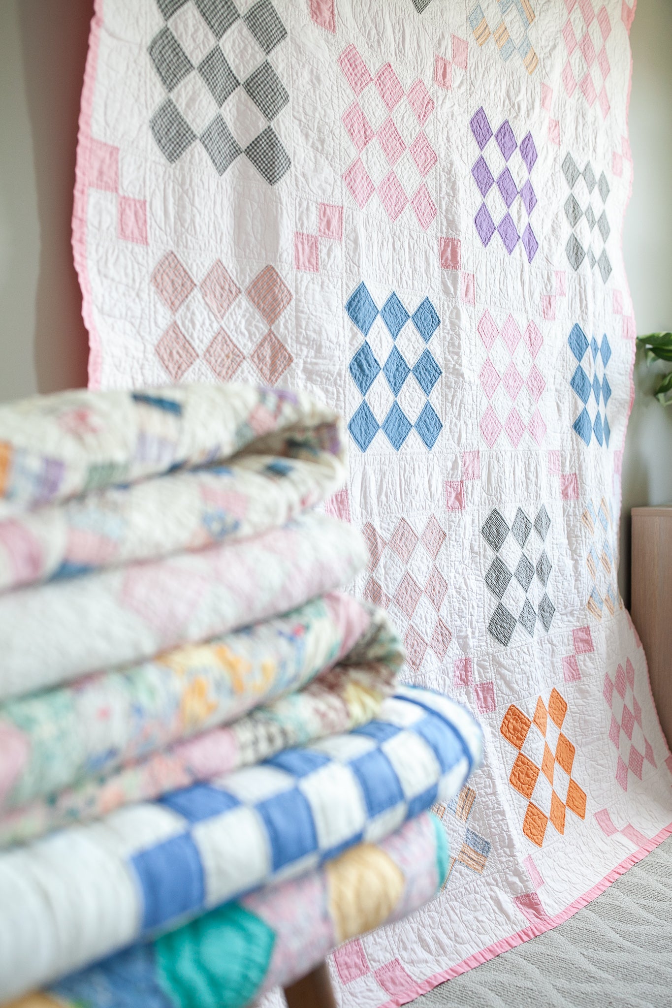 Diamond Quilt - Vintage Quilt - Pink Quilt