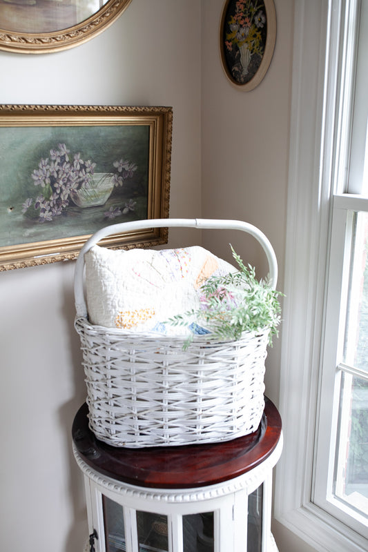Vintage Basket- White Wicker Handled Basket