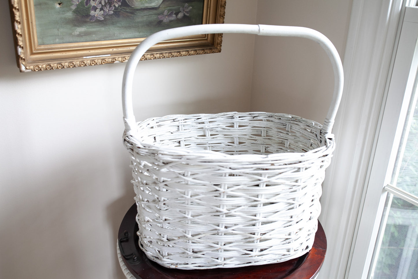 Vintage Basket- White Wicker Handled Basket
