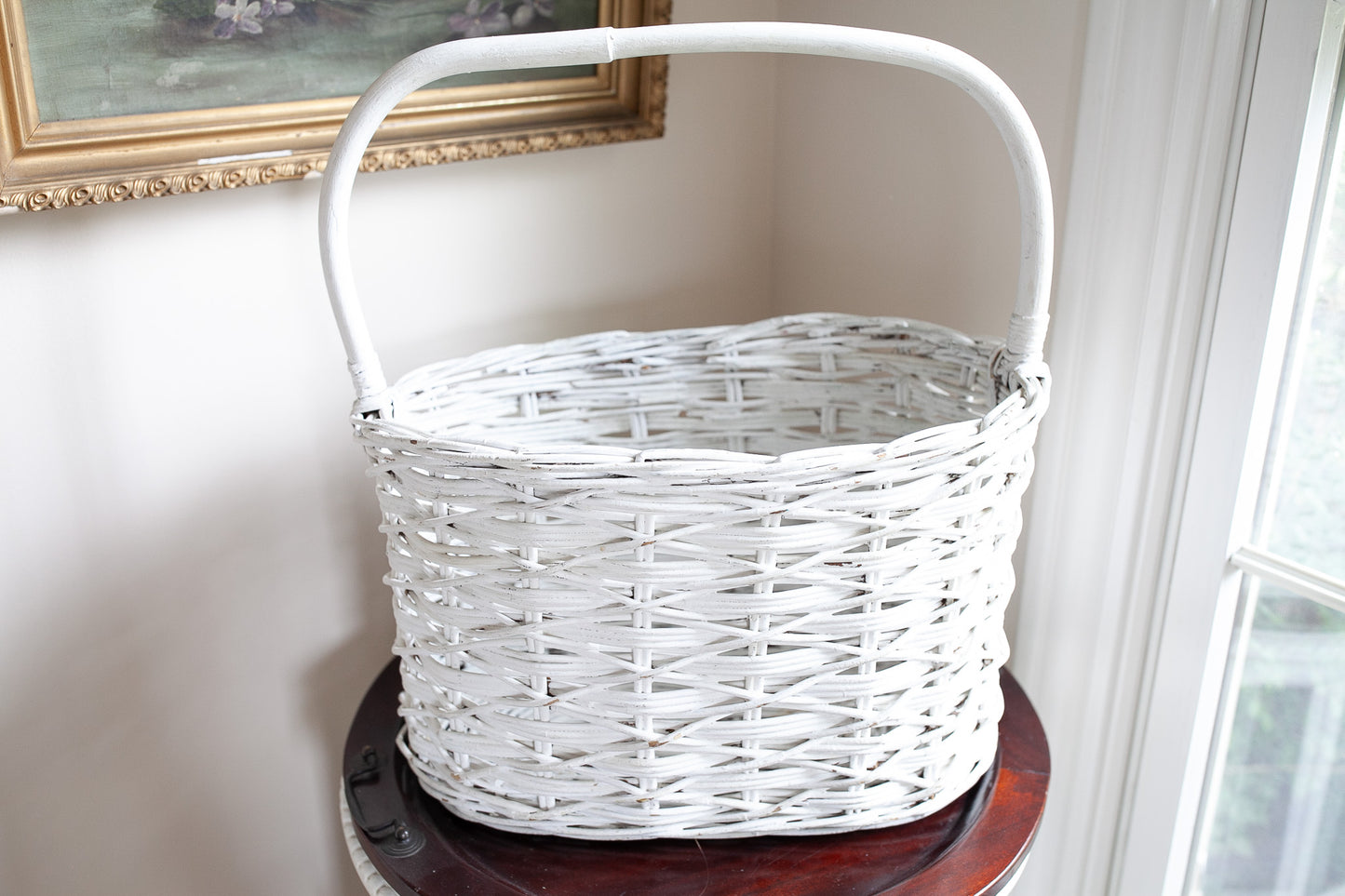 Vintage Basket- White Wicker Handled Basket