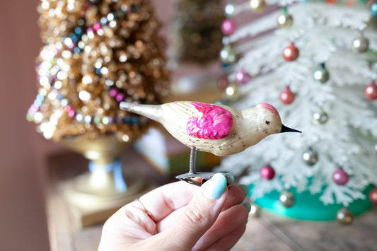 Antique Glass Bird Clip Ornament, Multi Color Songbird Christmas Ornament, Vintage Glass Clip On Bird, 1920s