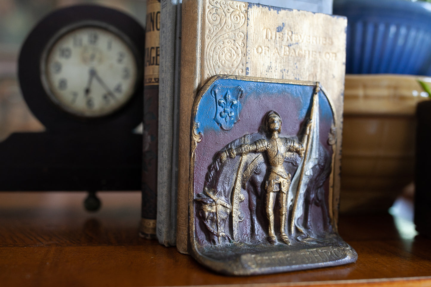 Vintage Cold Painted Cast Metal Bookends - Joan Of Arc (Jeanne D'Arc)