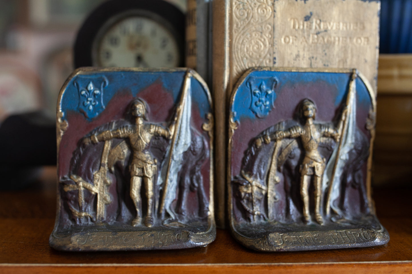 Vintage Cold Painted Cast Metal Bookends - Joan Of Arc (Jeanne D'Arc)