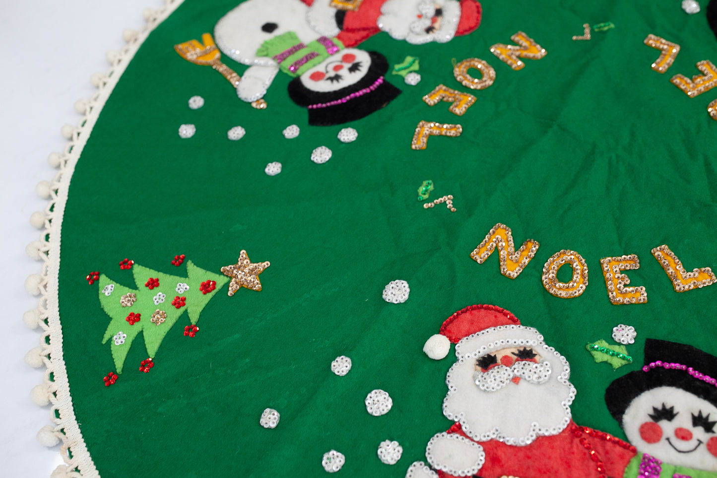 Vintage Completed Bucilla Felt and Sequin Noel Christmas Santa and Snowman Tree Skirt