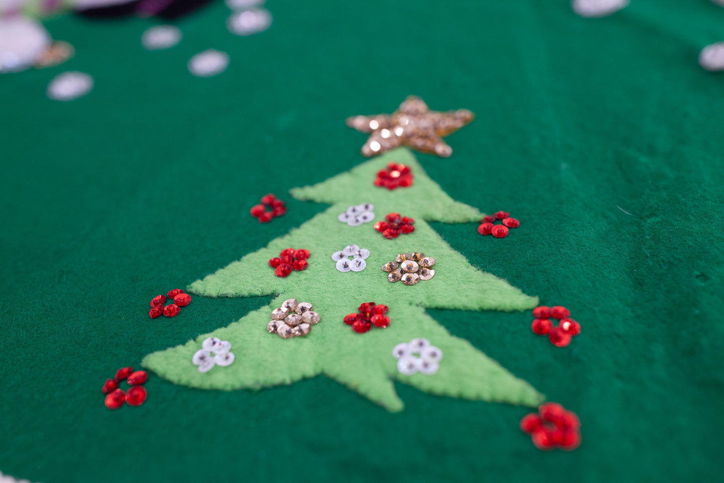 Vintage Completed Bucilla Felt and Sequin Noel Christmas Santa and Snowman Tree Skirt