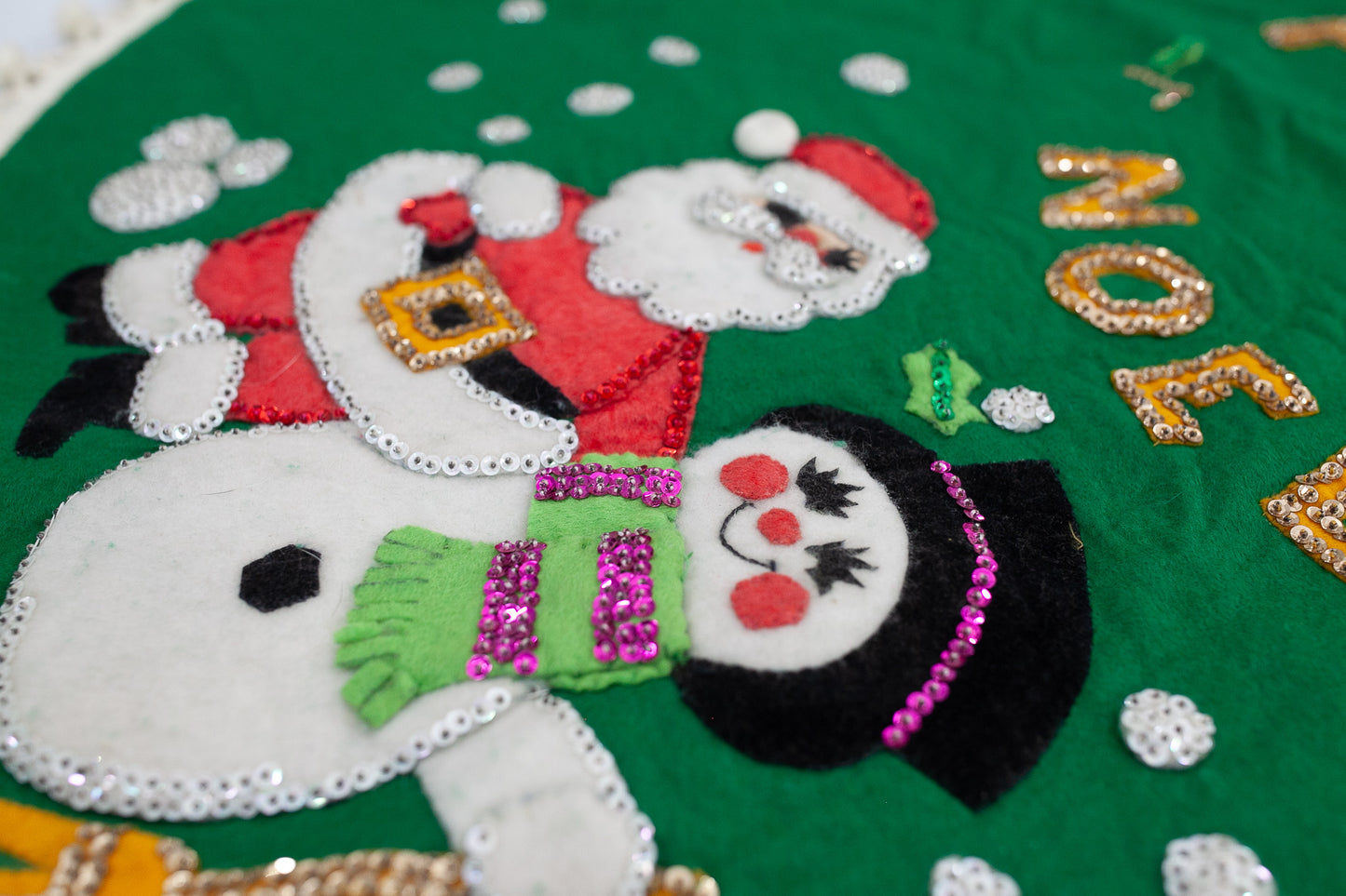Vintage Completed Bucilla Felt and Sequin Noel Christmas Santa and Snowman Tree Skirt