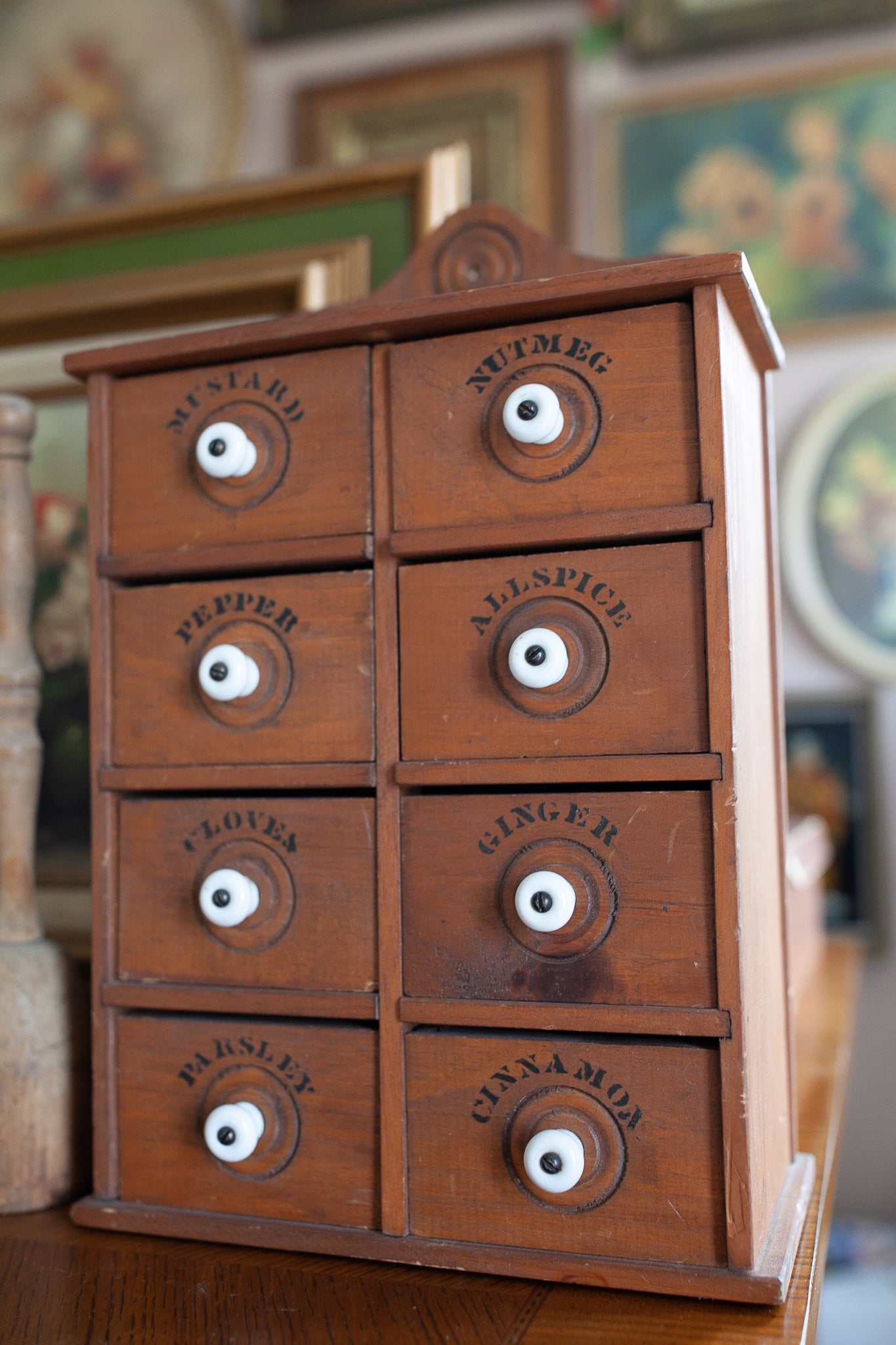 Vintage Spice Drawers - Eight Drawer Wood Spice Cabinet/Porcelain Knobs/Farmhouse/Primitive