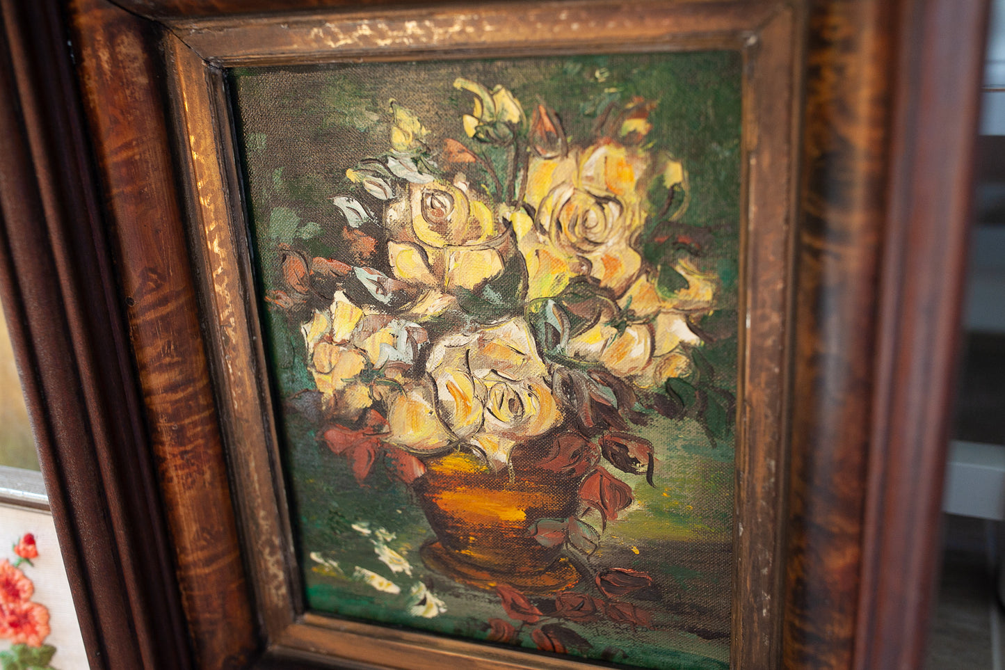 Vintage Framed Floral - Antique Wood Frame Painted Floral Painting - Yellow Flowers