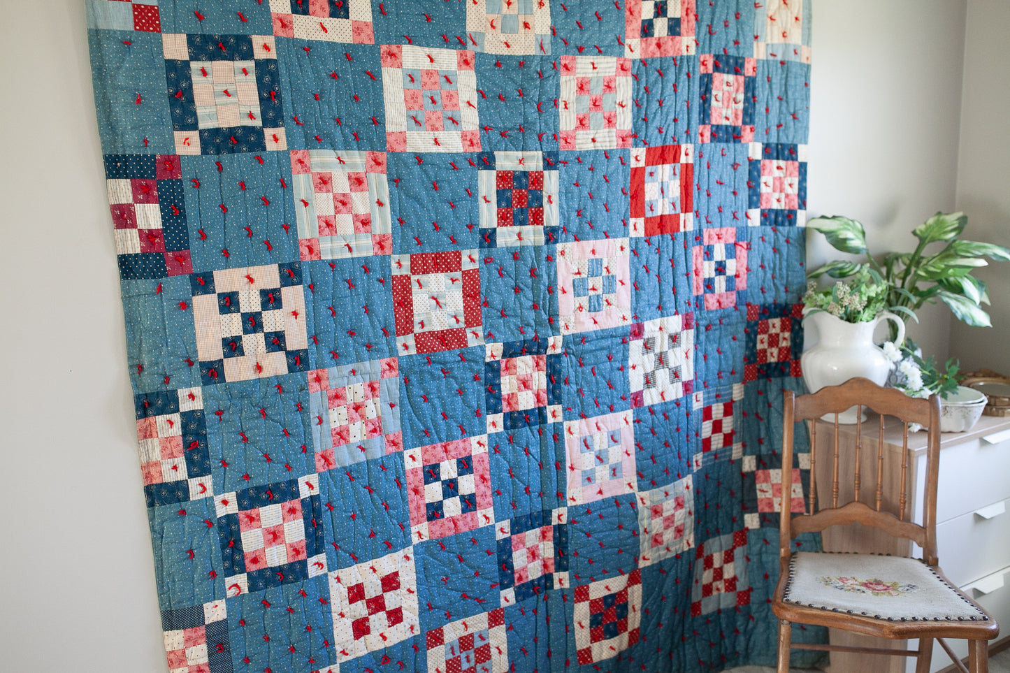 Vintage Quilt - Red White and Blue Quilt - Tie Quilt -9 patch