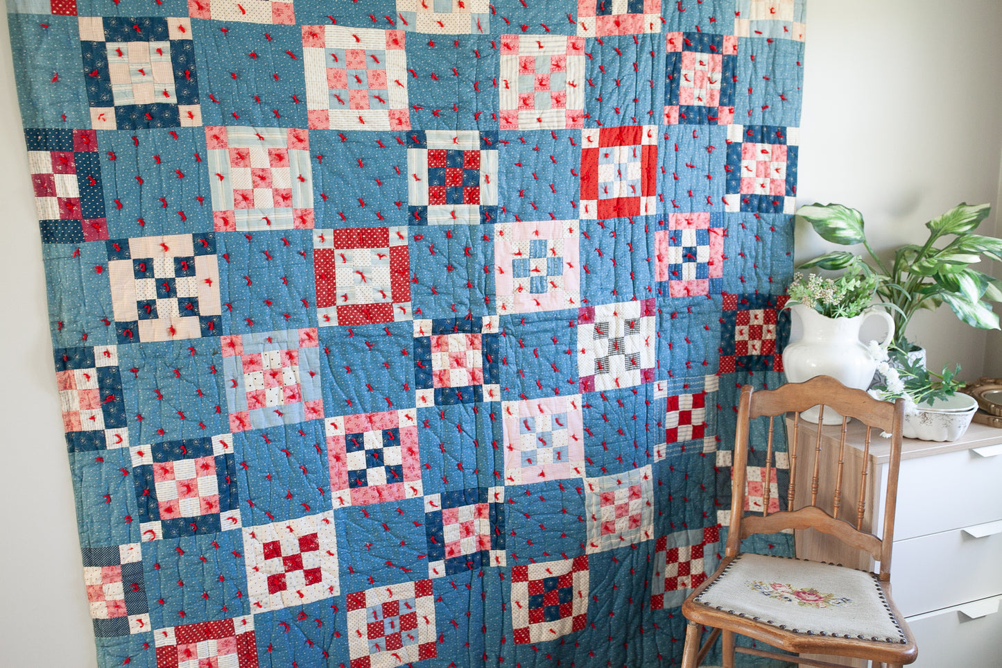 Vintage Quilt - Red White and Blue Quilt - Tie Quilt -9 patch