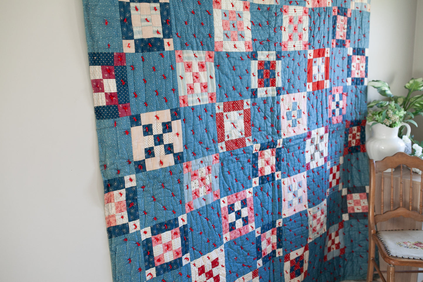 Vintage Quilt - Red White and Blue Quilt - Tie Quilt -9 patch