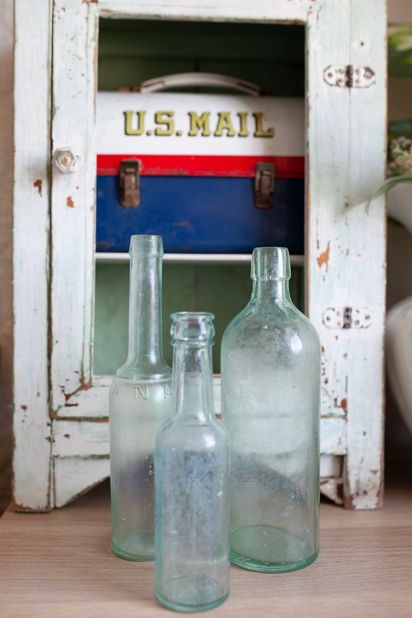 Vintage Glass Bottles - Aqua Glass Bottles -Set of 3