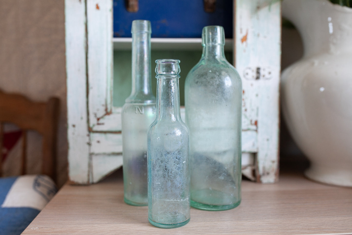 Vintage Glass Bottles - Aqua Glass Bottles -Set of 3