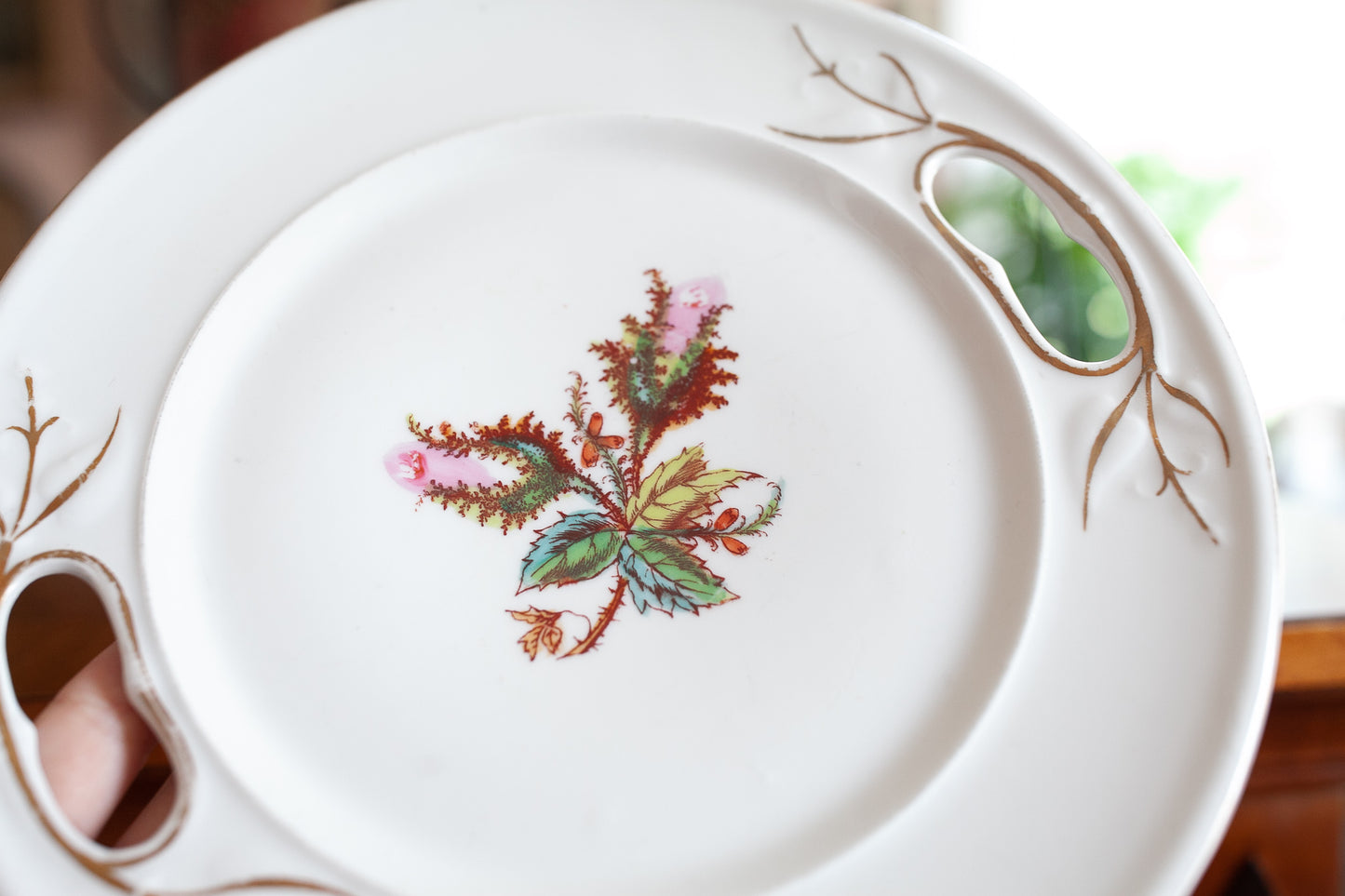 Vintage Moss Rose Cake Plate -Porcelain Handled Plate