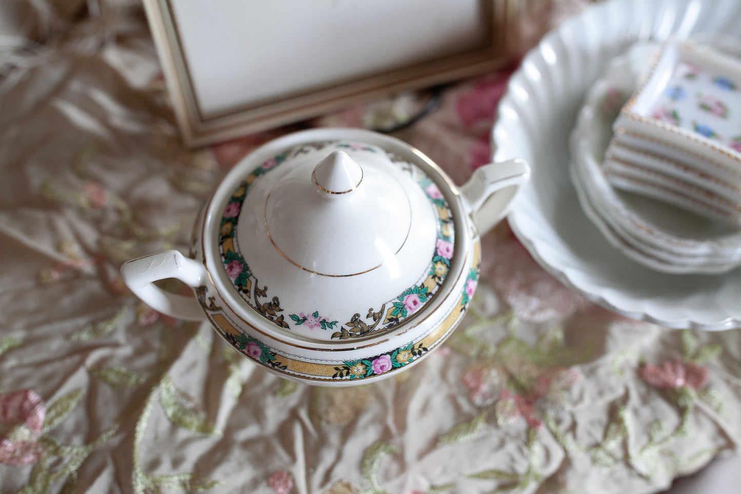 Vintage Sugar Bowl- Lidded Bowl with two Handles - Floral