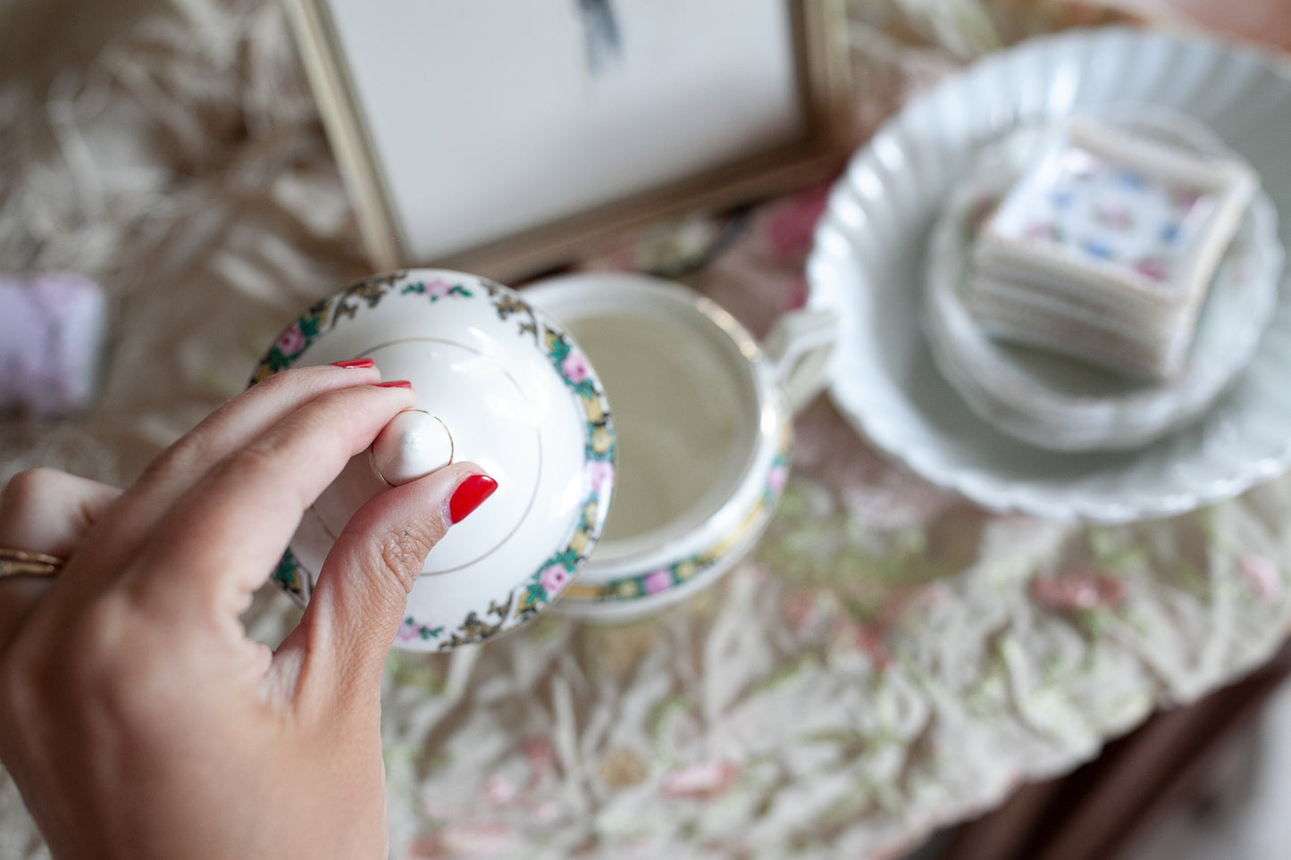 Vintage Sugar Bowl- Lidded Bowl with two Handles - Floral