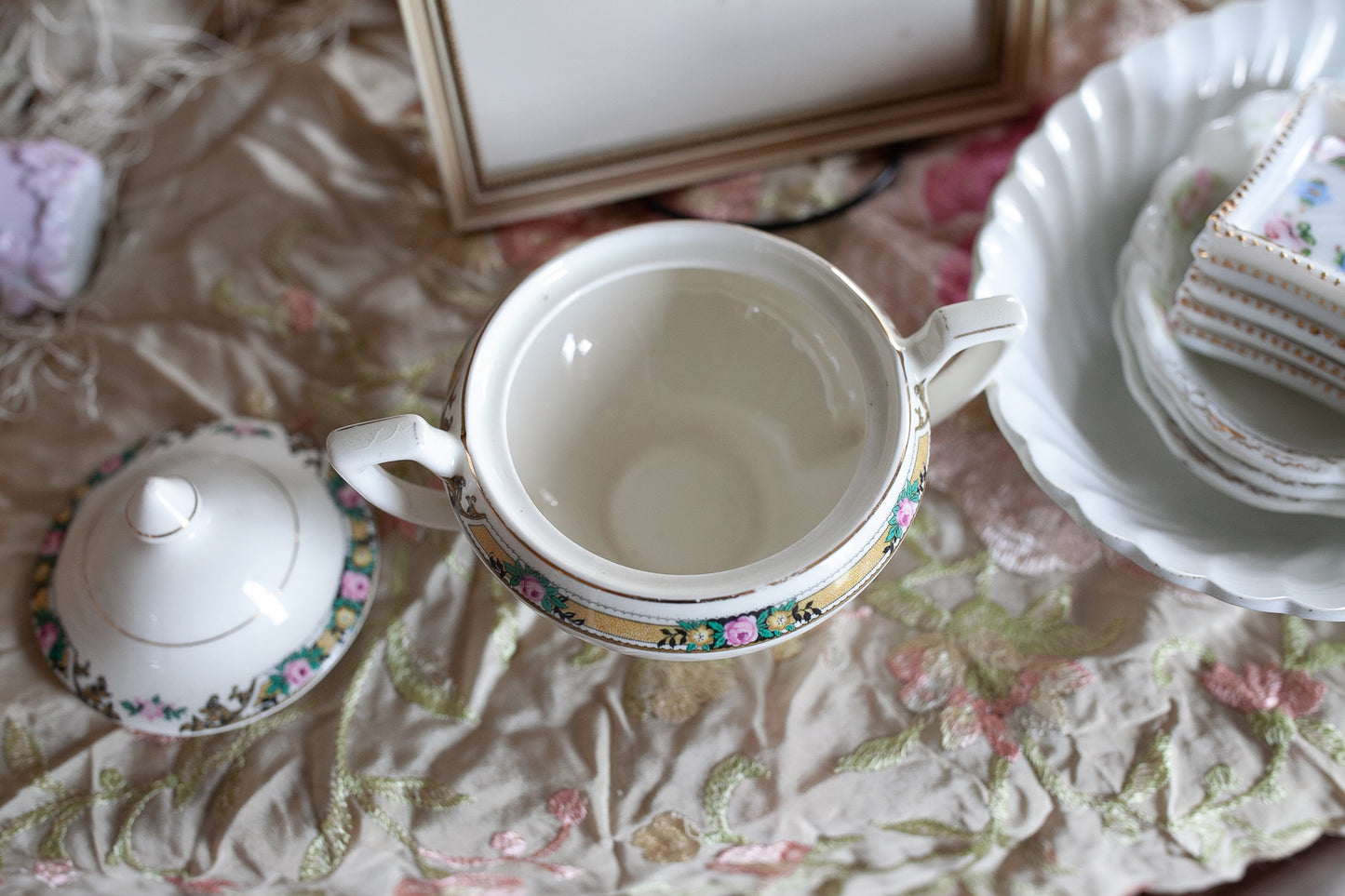 Vintage Sugar Bowl- Lidded Bowl with two Handles - Floral