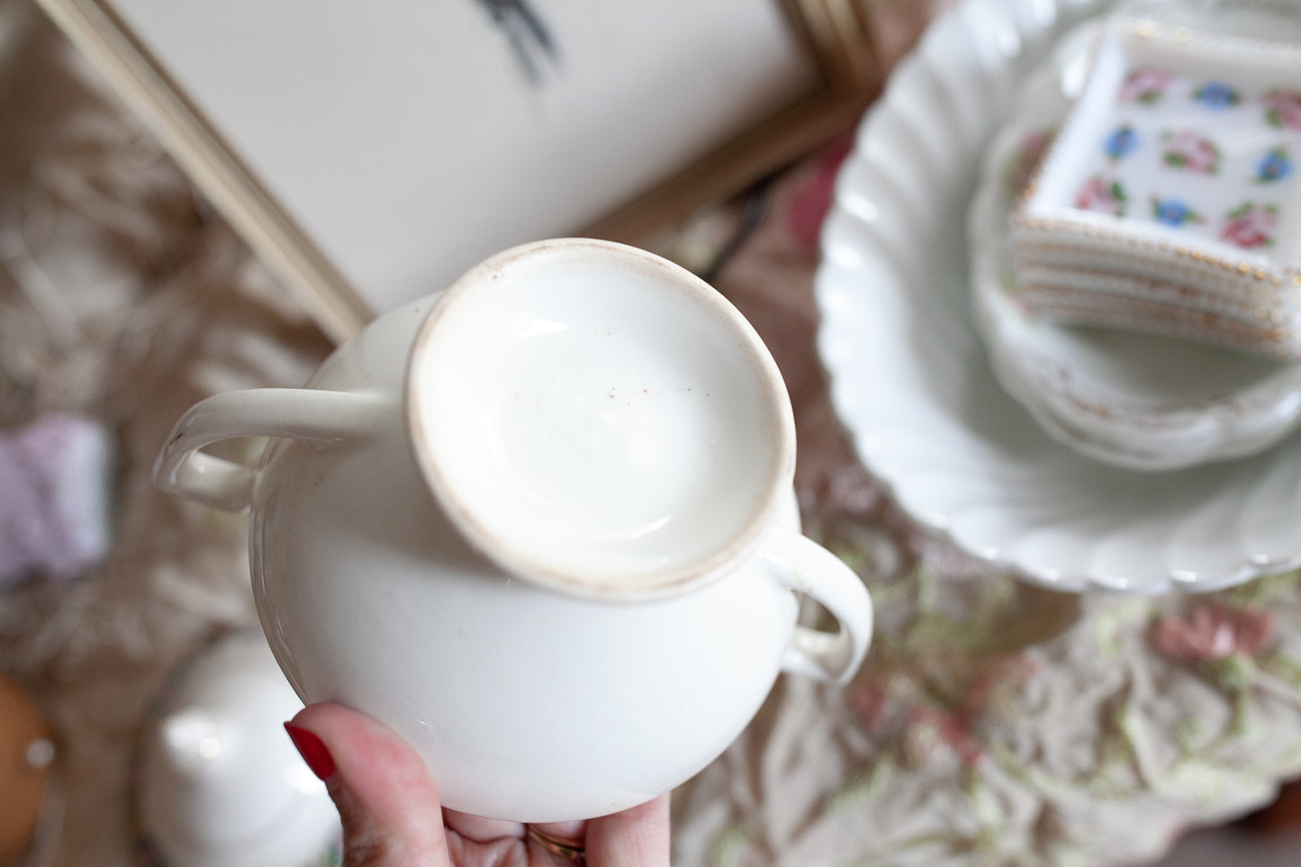 Vintage Sugar Bowl- Lidded Bowl with two Handles - Floral