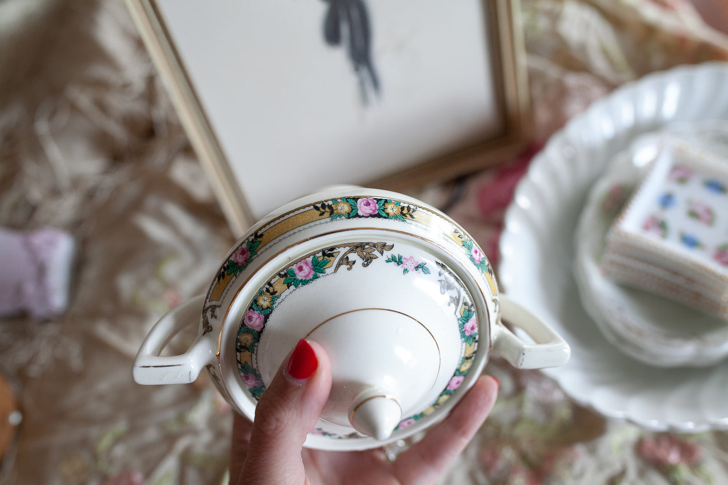 Vintage Sugar Bowl- Lidded Bowl with two Handles - Floral