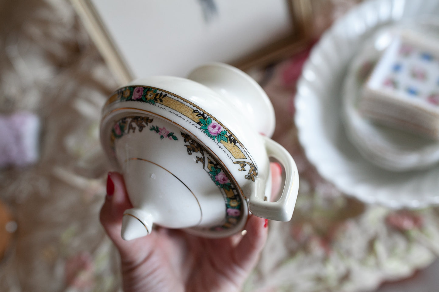 Vintage Sugar Bowl- Lidded Bowl with two Handles - Floral
