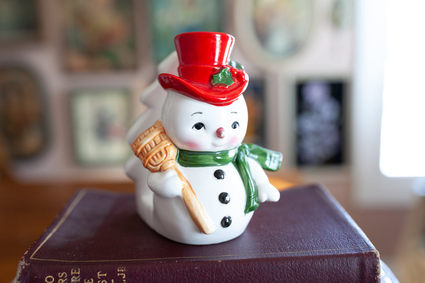 Vintage Ceramic Napkin Holder of Snowman Wearing a Top Hat with Broom and Scarf by Lefton Japan