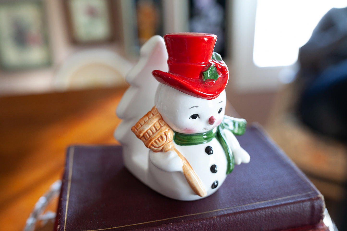 Vintage Ceramic Napkin Holder of Snowman Wearing a Top Hat with Broom and Scarf by Lefton Japan